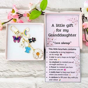 May include: A gift set featuring a keychain with colorful charms, including a butterfly, rainbow, and daisy, presented in a pink box with the text "A little gift for my Granddaughter". The set includes a card with a list of the charms' meanings.