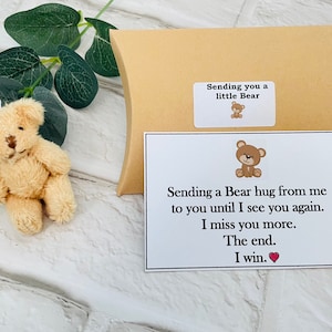 May include: A small brown teddy bear in a white envelope with a message that reads "Sending a Bear hug from me to you until I see you again. I miss you more. The end. I win."