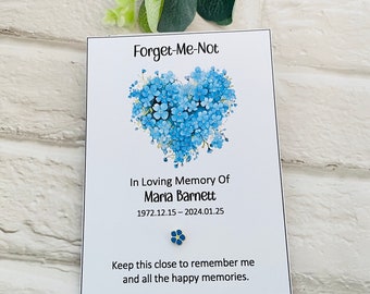 Personalised Forget Me Not Enamel Pin Badge & Card Gift Memorial Keepsake Remembrance Bereavement, Funeral Favour
