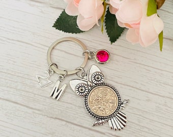Lucky Sixpence Personalised Happy Birthday gift OWL Keyring, Age / Number, Initial / Letter, Birthstone Keyring , Birthday Charm Gift Bag