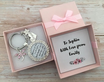 May include: Pink gift box with a silver keychain inside. The keychain has a charm with the text "Because of you, I laugh a little harder, cry a little less, and smile a lot more." The box has a card inside with the text "To Sophia with love from Emily".