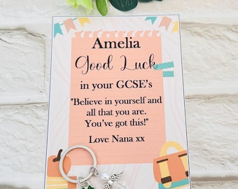 Personalized Good Luck charm Gift, Good Luck Keepsake Keyring, Good Luck in Your Exams, GCSE Good Luck Card, Best wishes GCSEs SATs A Levels
