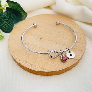 May include: A silver bangle bracelet with a knot design and two charms. One charm is a small silver circle with the letter "N" on it. The other charm is a small silver circle with a pink crystal in the centre.