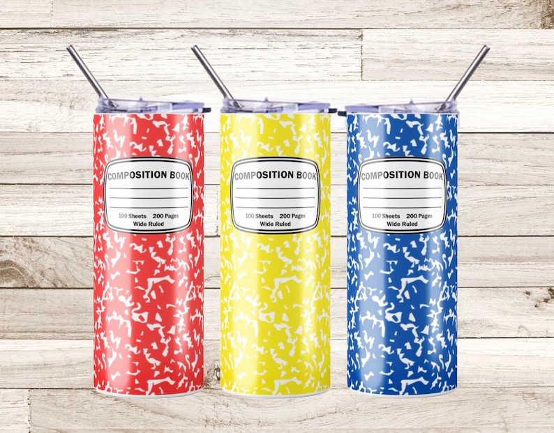 May include: Three stainless steel tumblers with a composition notebook design. The tumblers are red, yellow, and blue. Each tumbler has the text "COMPOSITION BOOK" and "100 Sheets 200 Pages Wide Ruled" printed on it.