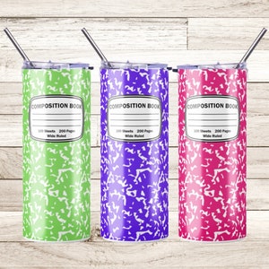 May include: Three stainless steel tumblers with lids and straws. The tumblers are decorated with a composition notebook pattern in green, purple, and pink.