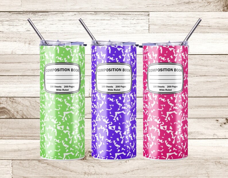 May include: Three stainless steel tumblers with lids and straws. The tumblers are decorated with a composition notebook pattern in green, purple, and pink.
