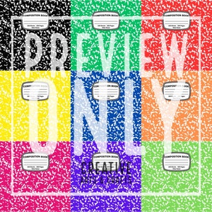 May include: A digital collage of nine different colored composition notebook covers. Each cover has a white speckled pattern and the text "COMPOSITION BOOK" in a white rectangle.