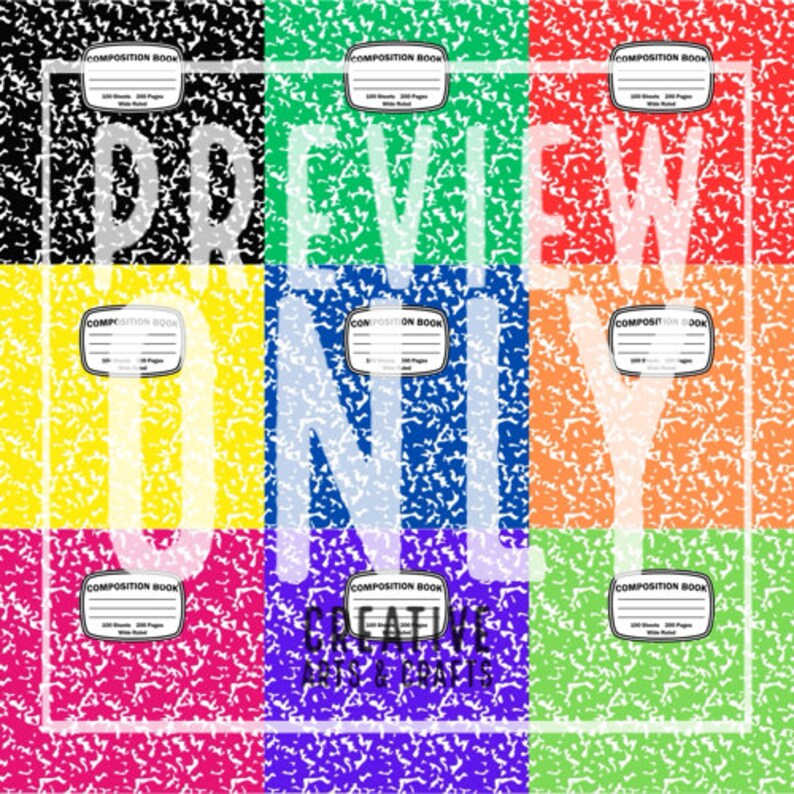 May include: A digital collage of nine different colored composition notebook covers. Each cover has a white speckled pattern and the text "COMPOSITION BOOK" in a white rectangle.