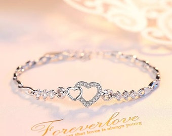 Diamond Heart Tennis Bracelet 925 Sterling Silver and Cubic Zirconia