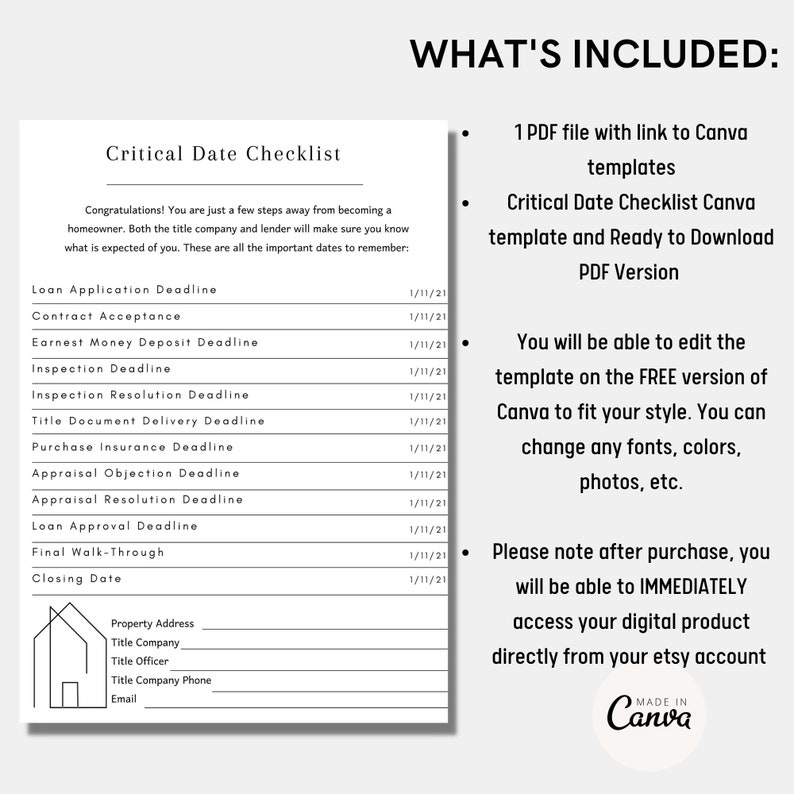 Critical Date Checklist, Home Buyer, Escrow Checklist, Real Estate