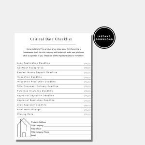 Critical Date Checklist, Home Buyer, Escrow Checklist, Real Estate Resource, Realtor Template, Digital Marketing, Easy to Personalize, Print