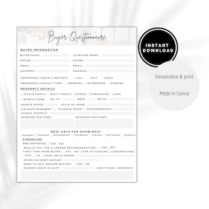 Buyer Questionnaire, Buyer Survey Questionnaire, Real Estate Marketing, Realtor Canva Templates, Realtor Buyer Questionnaire