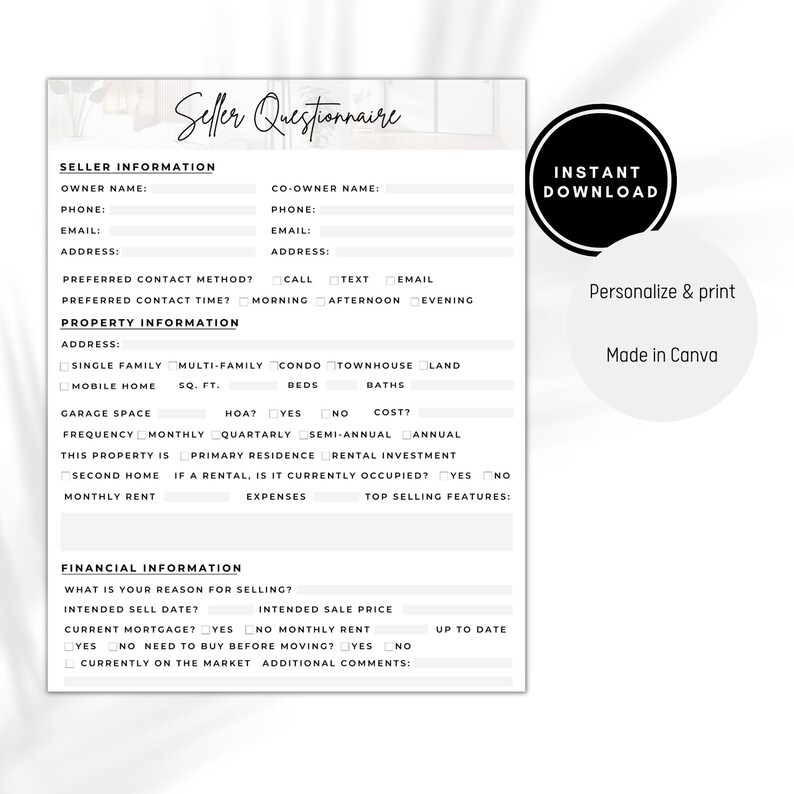 Seller Questionnaire, Seller Survey Questionnaire, Real Estate
