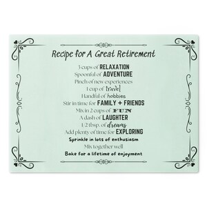 Recipe for a Great Retirement Cutting Board, Tempered Glass Cutting Board, Retirement Gift, Available in two sizes