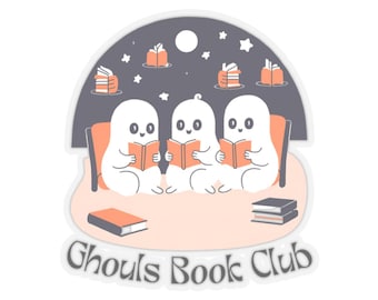 Three Ghosties Reading Books Together &quot;Ghouls Book Club&quot; Sticker, Available in 4 different sizes and 2 Background Colors