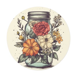 Blumen in einem Einmachglas Runde Vinyl-Aufkleber, Blumen-Aufkleber, in 5 verschiedenen Größen erhältlich