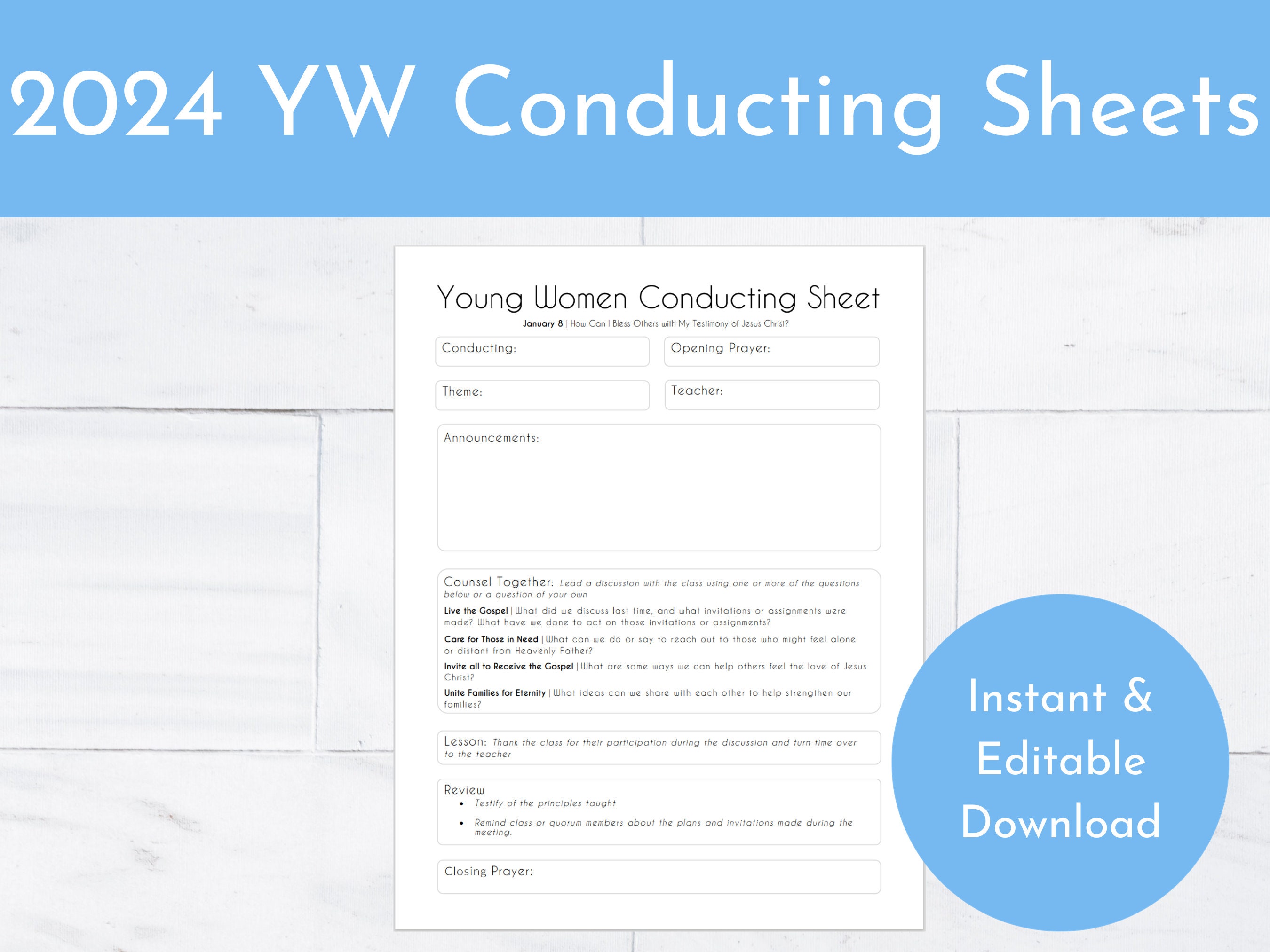2024 YW Conducting Sheets Instant Download & Editable Printable