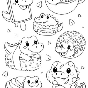 Puede incluir: Ilustración en blanco y negro de varios alimentos con caras de caimán. Incluye un helado de caimán, una taza de sopa, un macaron, sushi, una rosquilla, un sándwich y un caimán sentado.