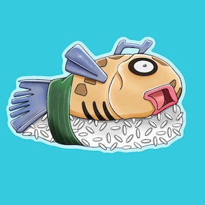 Puede incluir: Ilustración de dibujos animados de un rollo de sushi con forma de pez, con cuerpo marrón claro, aletas azules y envoltura de algas verdes. El sushi está sobre una cama de arroz blanco, sobre un fondo azul brillante.