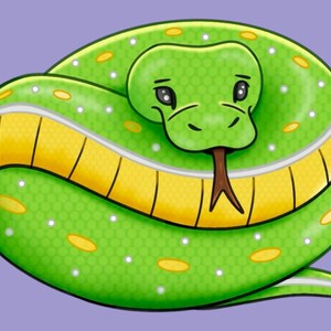 Pode incluir: Ilustra&ccedil;&atilde;o de uma cobra verde enrolada em um c&iacute;rculo. A cobra tem uma faixa amarela ao longo do corpo e pontos brancos e amarelos. A cabe&ccedil;a da cobra &eacute; vis&iacute;vel, com uma l&iacute;ngua marrom e uma express&atilde;o ligeiramente triste.
