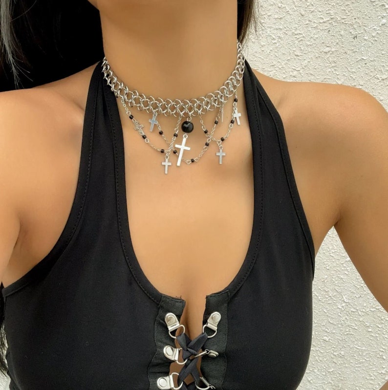 Punk Layered Cross Tassel Collar Choker Necklace Women's Necklaces Tassel Collar Choker Necklace Cross Necklace Gift for Her image 10