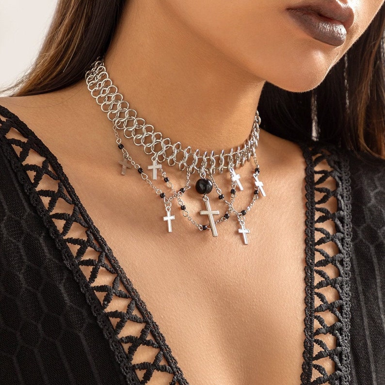Punk Layered Cross Tassel Collar Choker Necklace Women's Necklaces Tassel Collar Choker Necklace Cross Necklace Gift for Her image 9