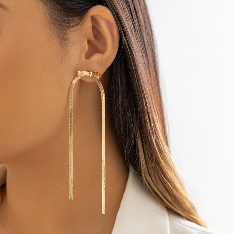 Bow Herringbone Chain Dangle Earrings Bow Chain Dangle Earrings Extra Long Chain Earrings Dressy Earrings image 2