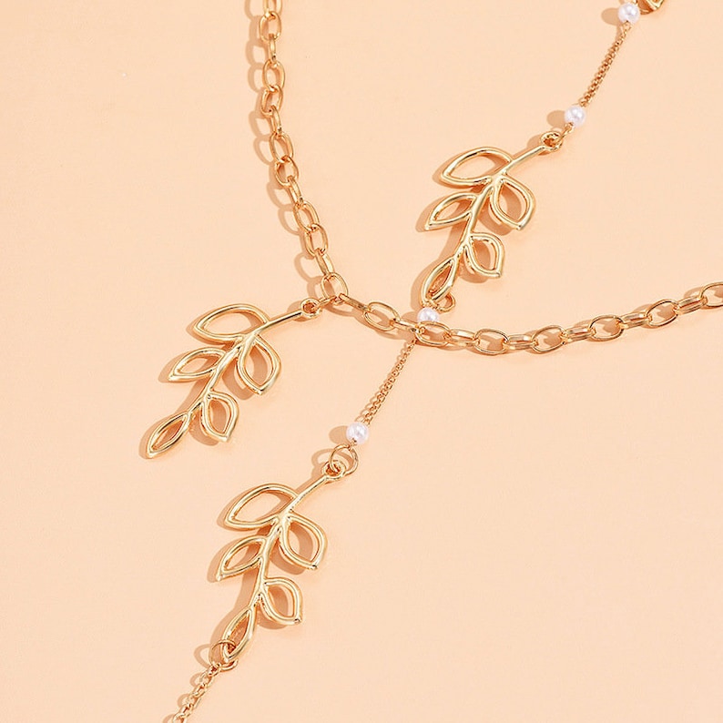 Leaf & Bead Decor Back Necklace  Wedding Leaf Necklace image 4