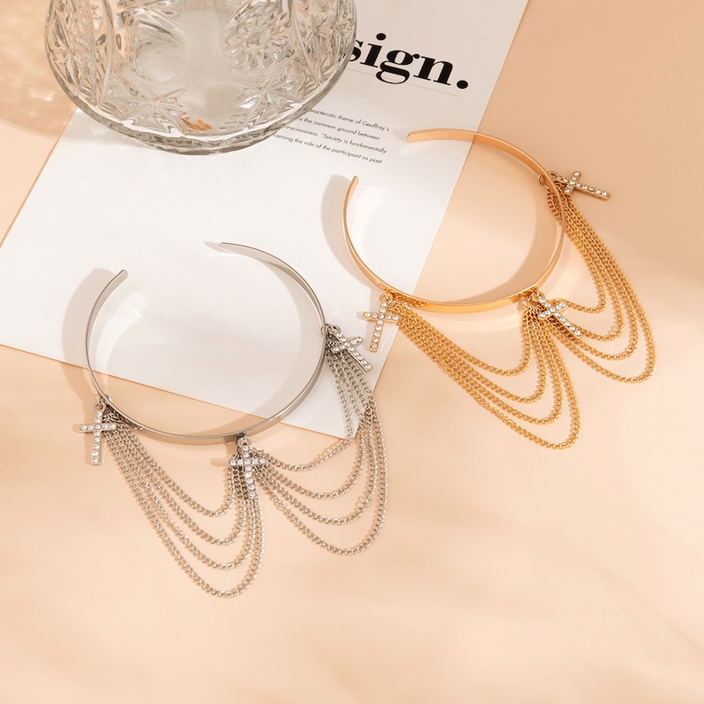 Open Bracelet Arm Chain Simple Pendant Chain Tassel Arm Bracelet Cubic Zirconia Chain Tassel Arm Cuff Fashion Cuff Arm Bracelet image 4