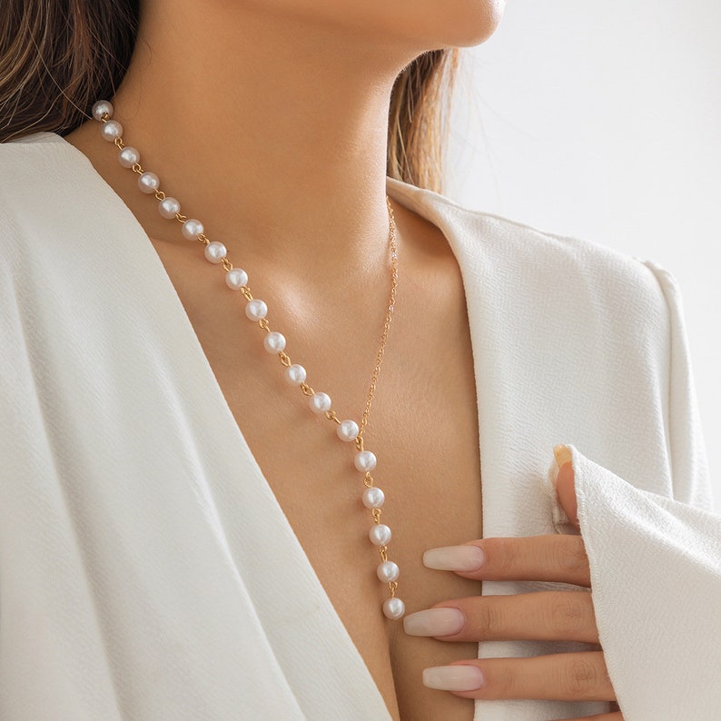 Boho Gold Plated Pearl Chain Y Necklace  Gold Pearl Necklace image 3