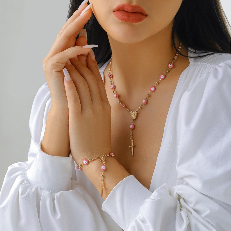 Chic Cross Pendant Evil Eye Y Necklace  Rose Quartz Necklace image 6