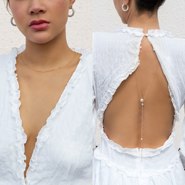Simple Pearl Back Chain, Summer Body Chain, Simple Y Necklace, Fine Backdrop Chain, Bridesmaid Backless