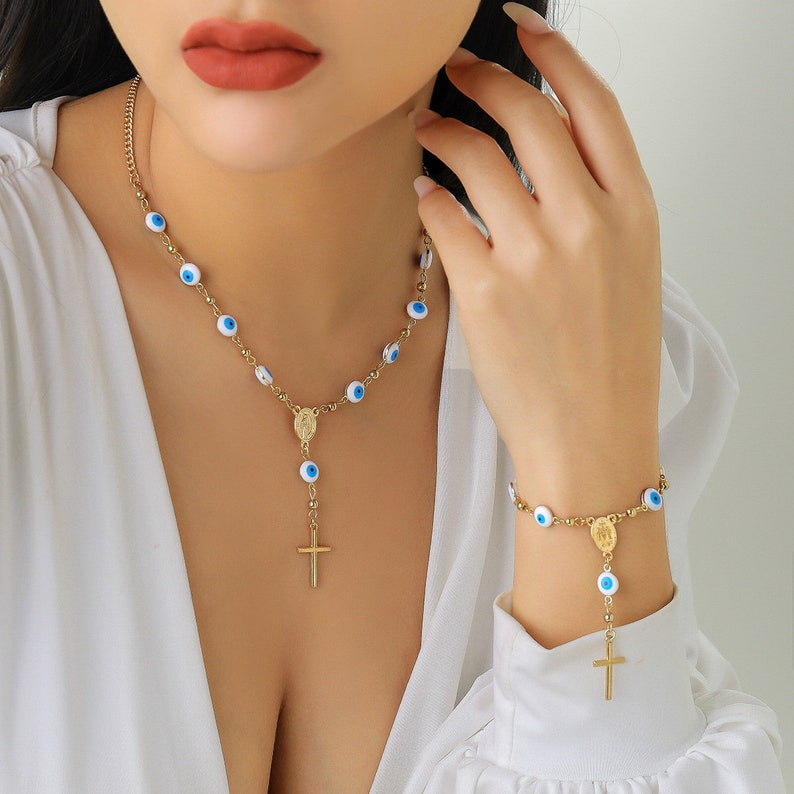 Chic Cross Pendant Evil Eye Y Necklace  Rose Quartz Necklace image 3