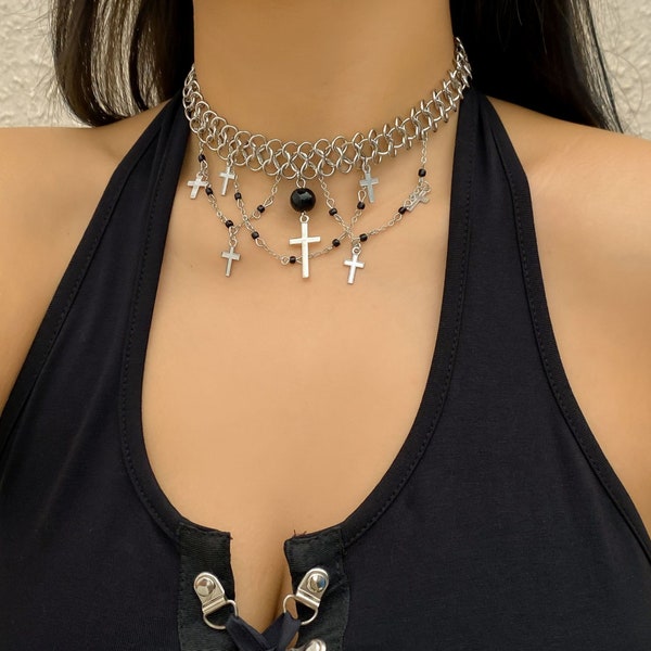 Punk Layered Cross Tassel Collar Choker Necklace | Women's Necklaces | Tassel Collar Choker Necklace | Cross Necklace | Gift for Her