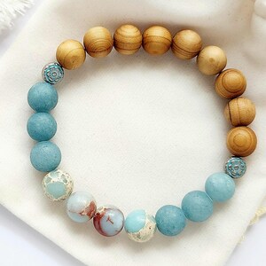 Aquamarine Stretch Bracelet Wooden Bead Aromatherapy Stone Diffuser Jewellery Sea Sediment Natural Healing Crystal Essential Oil Boho Beaded