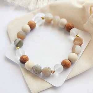 Natural River Stone Bracelet, Essential Oil Diffuser, Agate Gemstone & Gold Plated Accent Beads, Neutral Everyday Jewellery Gift for Women