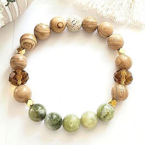 Jade Green Stone Bracelet, Aromatherapy Lava Stone Bead, Boho Style Essential Oil Diffusing Gold & Crystal Handmade Jewellery, Custom Sizes
