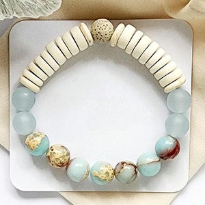 Blue Seaglass & Coconut Bead Bracelet, Beachy Boho Stretch Lava Stone Essential Oil Aromatherapy Diffuser, Australian Handmade and Designer