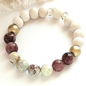 Plum Berry Quartz Bracelet, Pale Blue Sea Sediment Jasper Stone, Crystal & Lava Bead Essential Oil Diffuser, Australian Handmade Design
