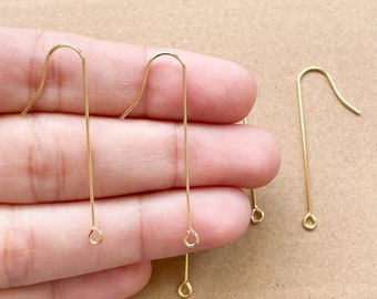 316 Surgical Stainless Steel Earring Hooks, with Horizontal Loops, Golden, 40mm, Long Earring Wires, Long Earring Hooks, Earring Components