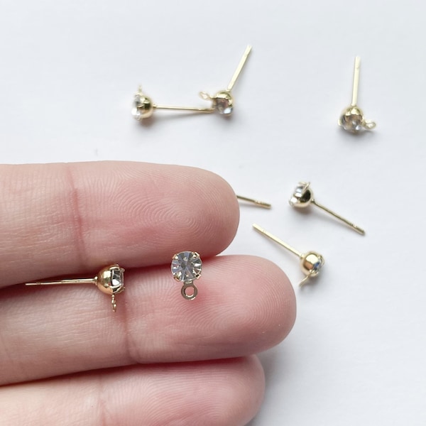 Brass Stud Earring Findings, with Loop, Cubic Zirconia, Clear, Real 18K Gold Plated, 6.5x4mm, Cz Stud Posts with Connector, Earring Posts