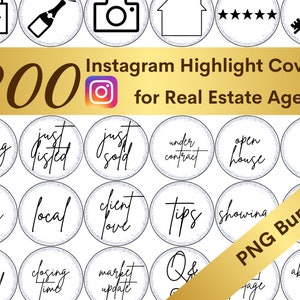 May include: A set of 200 Instagram highlight covers for real estate agents. The covers are white with black text and icons. The text includes phrases like "staging", "just listed", "just sold", "open house", "rentals", "local", "client love", "tips", "showings", "my world", "closing time", "market update", "Q&A", "on the go", "about the area", and "under contract".