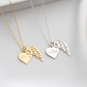 Memorial Wing Necklace, Custom Angel Wing Necklace, Miscarriage Necklace, Dainty Angel Wing Necklace with Heart,Lost Loved One Gift Necklace