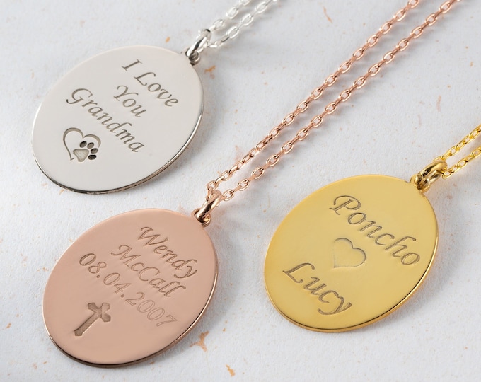 Oval Disc Name Necklace, Multi Name Necklace, Custom Names Necklace, Engraved Name Disc Necklace, Oval Plate Name Necklace,Disc Name Pendant