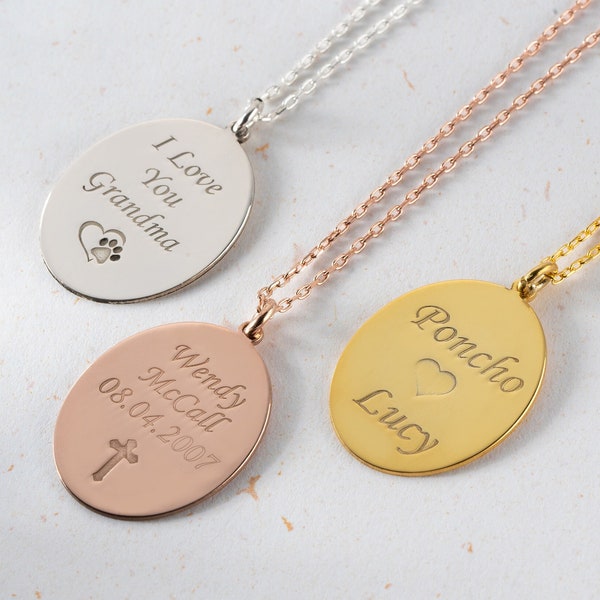 Oval Disc Name Necklace, Multi Name Necklace, Custom Names Necklace, Engraved Name Disc Necklace, Oval Plate Name Necklace,Disc Name Pendant