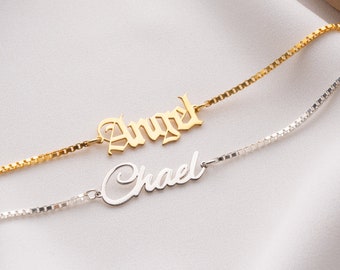 Personalized Name Bracelet in Box Chain, Sterling Silver Name Bracelet, Gift Bracelet for Women, Name Plate Bracelet, Personalized Jewelry