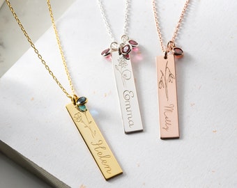 Personalized Name Necklace with Birth Flower & Birthstone, Flower Name Necklace, Birth Stone Pendant With Birth flower, Gift For Mom
