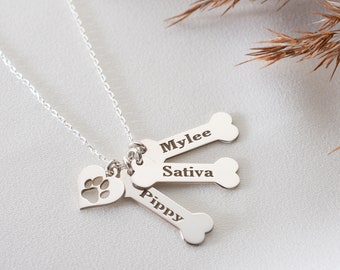 Custom Dog Name Bone And Paw Necklace, Dog Mom Necklace, Dog Bone and Paw Charm Necklace, Gift For Pet Lovers, Sterling Silver Dog Necklace