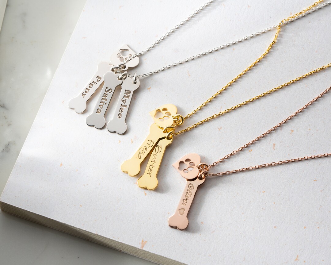 Custom Dog Name Bone and Paw Necklace, Dog Lovers Necklace, Dog Bone