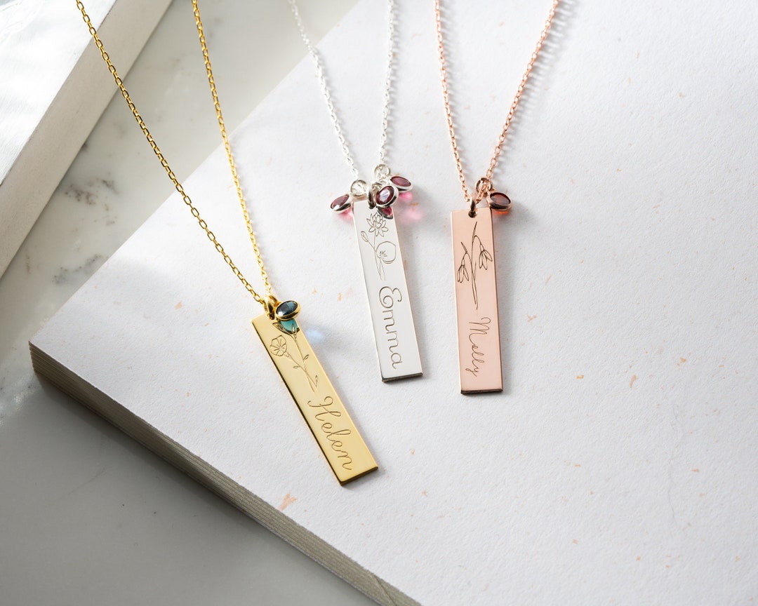 Personalized Name Necklace With Birth Flower & Birthstone, Flower Name ...